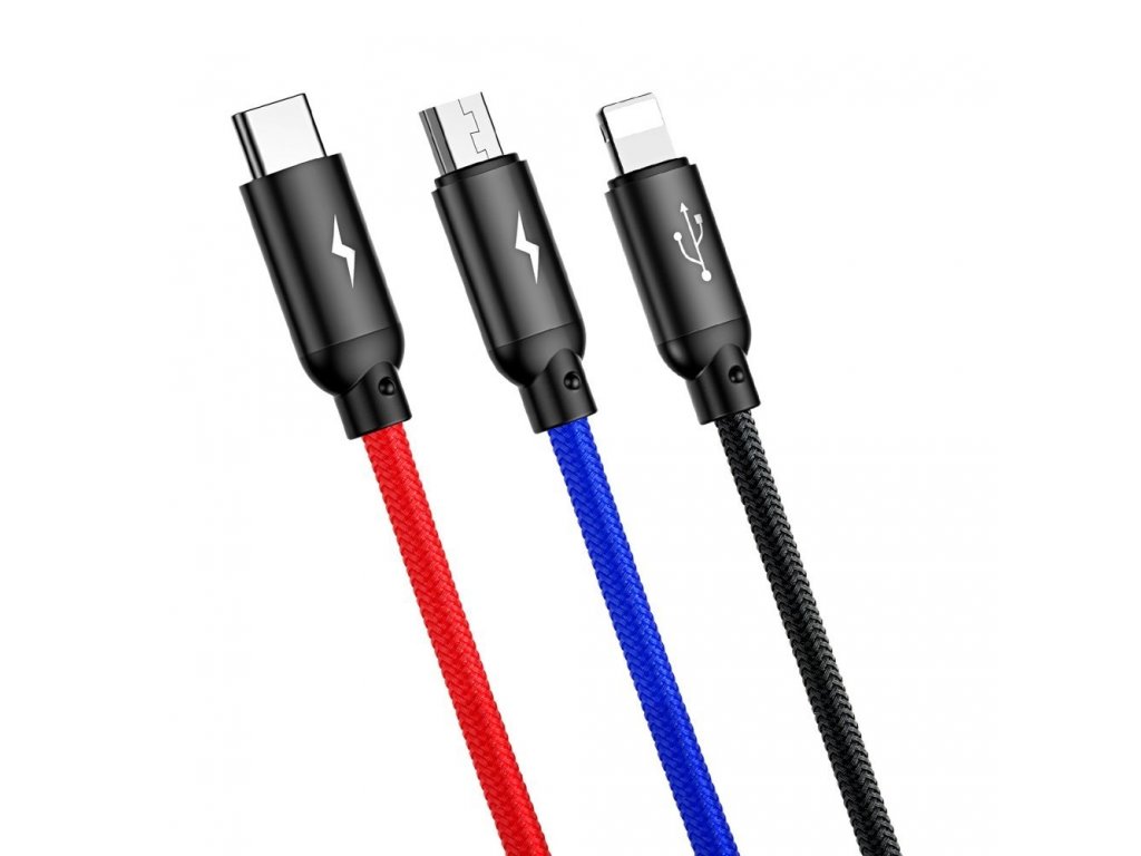 Three Primary Colors kabel 3v1 USB - micro USB / Lightning / USB-C v nylonovém opletení 3.5A 1,2M černý (CAMLT-BSY01)