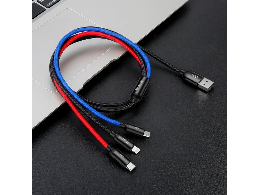 Three Primary Colors kabel 3v1 USB - micro USB / Lightning / USB-C v nylonovém opletení 3.5A 1,2M černý (CAMLT-BSY01)