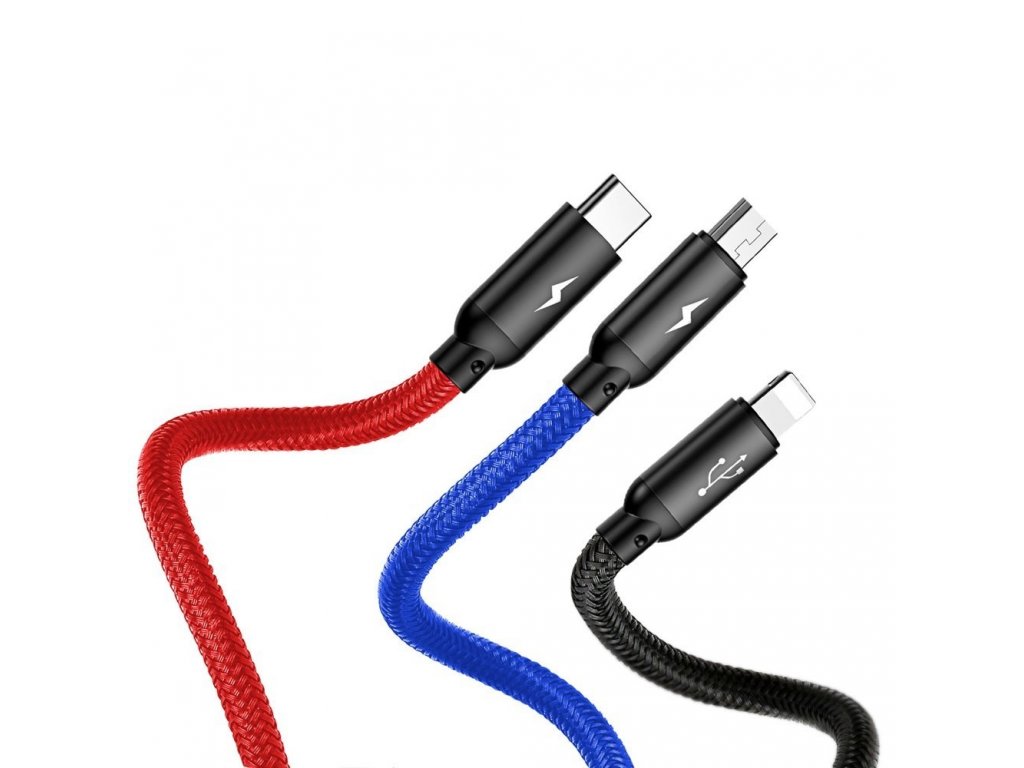 Three Primary Colors kabel 3v1 USB - micro USB / Lightning / USB-C v nylonovém opletení 3.5A 1,2M černý (CAMLT-BSY01)