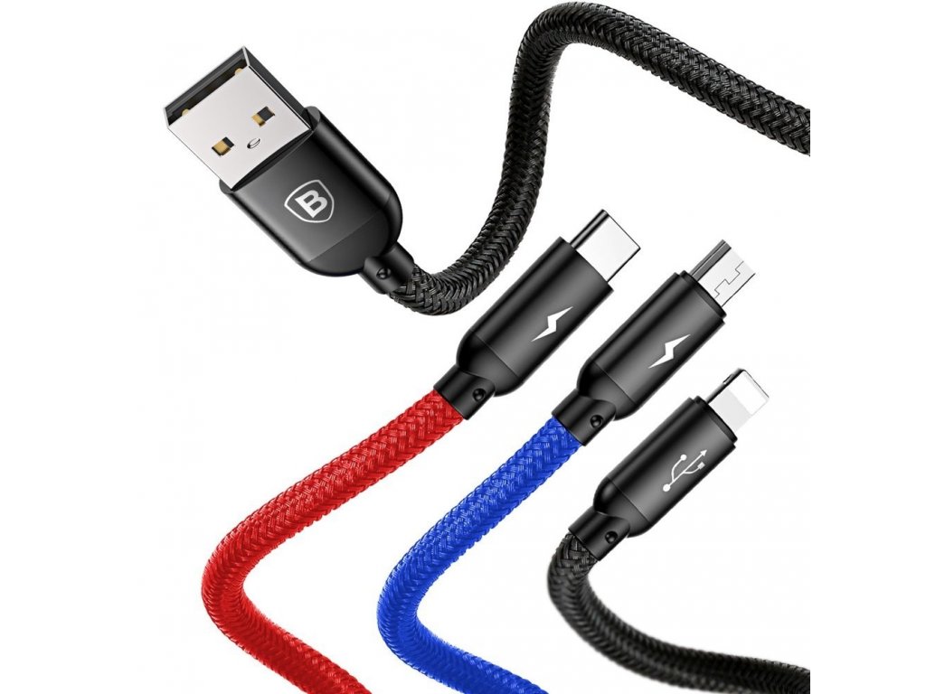 Three Primary Colors kabel 3v1 USB - micro USB / Lightning / USB-C v nylonovém opletení 3.5A 1,2M černý (CAMLT-BSY01)