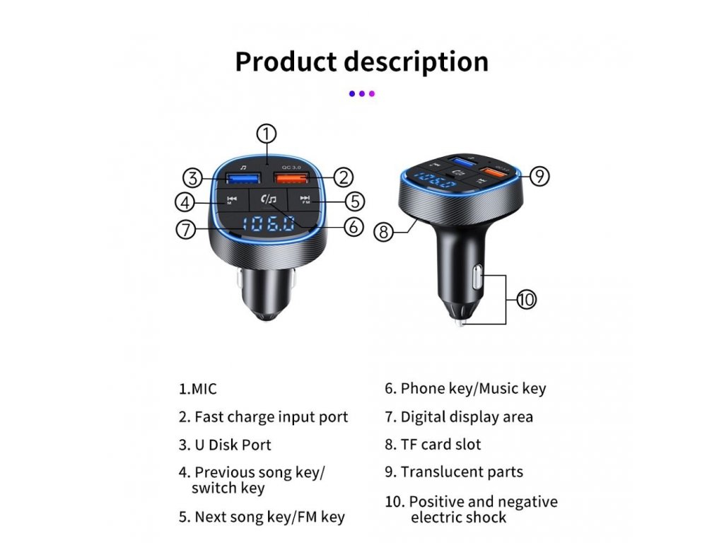 Vysílač FM MP3 bluetooth 5.0 + čtečka karet TF + 2xUSB QC3.0 BC57