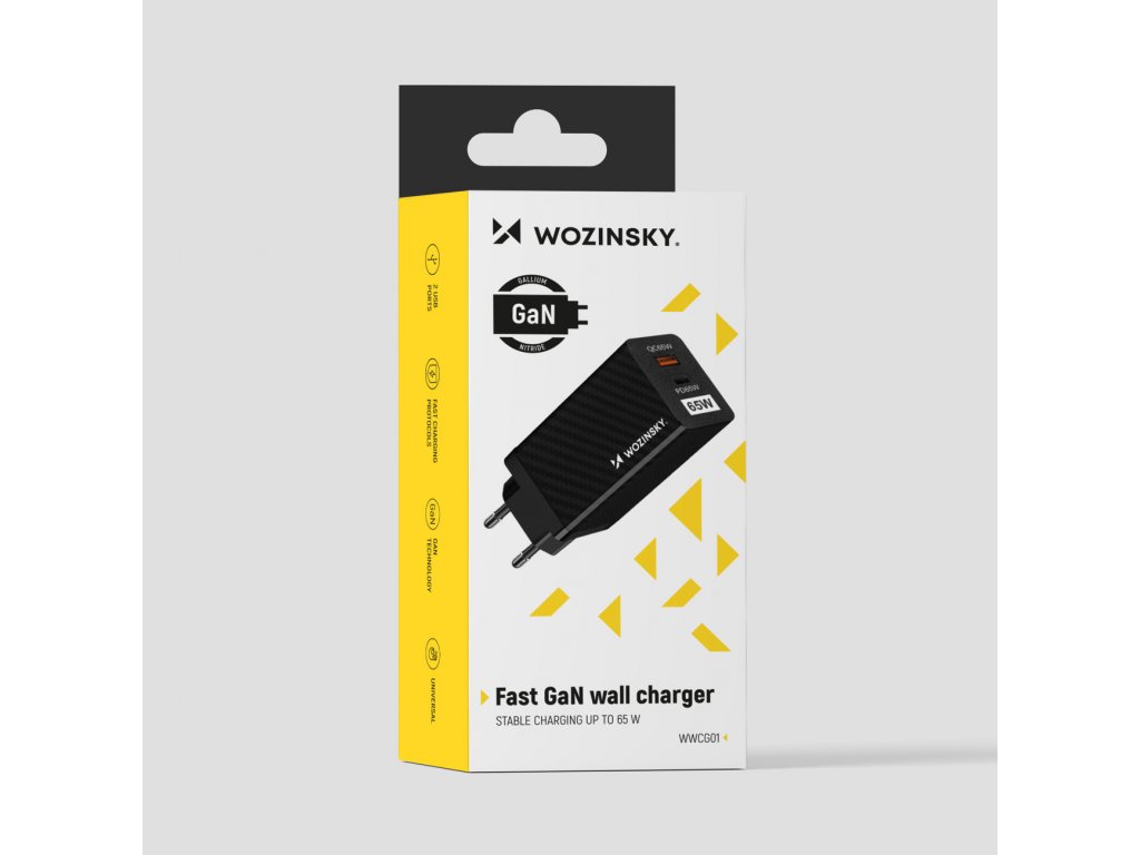 Wozinsky 65W GaN nabíječka s porty USB, USB C podporuje QC 3.0 PD černá (WWCG01)