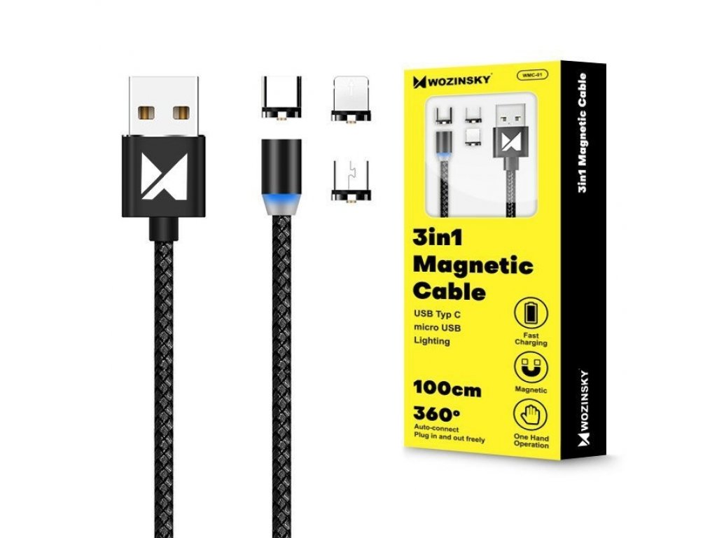 Magnetický kabel Wozinsky USB / micro USB / USB typ C 1m s LED - černý