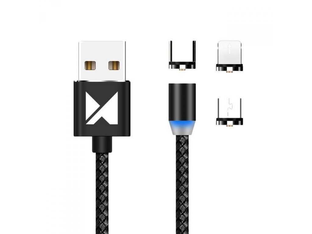 Magnetický kabel Wozinsky USB / micro USB / USB typ C 1m s LED - černý