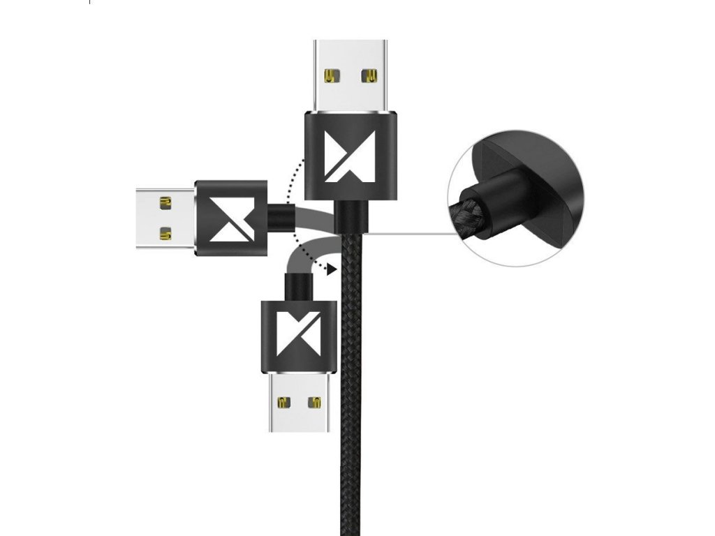 Magnetický kabel Wozinsky USB / micro USB / USB typ C 1m s LED - černý