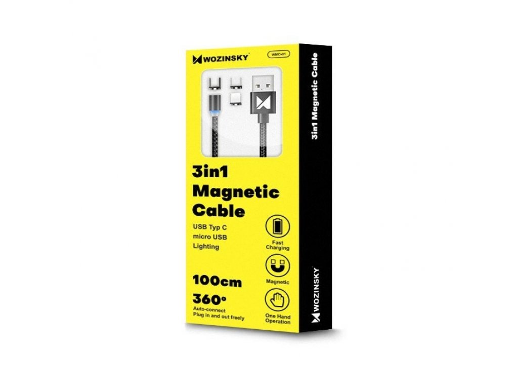 Magnetický kabel Wozinsky USB / micro USB / USB typ C 1m s LED - černý