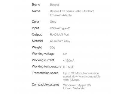 Adaptér USB řady Lite - zásuvka RJ45 LAN 100Mb/s šedá (WKQX000013)