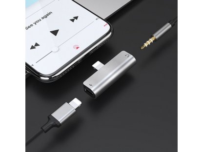 Audio adaptér 2 v 1 pro Iphone Lightning 8-pin - Jack 3 mm + Lightning 8-pin LS25 stříbrný