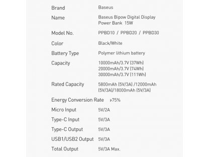 Bipow powerbanka s displejem 10000mAh 15W černá (Overseas Edition) + USB-A - Micro USB 0,25m kabel černá (PPBD050001)