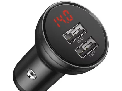 BASEUS nabíječka do auta 2xUSB 4,8A 24W Digitální displej + kabel 3v1 (Micro / Lightning 8-pin / Typ C) 1,2 metru - černá