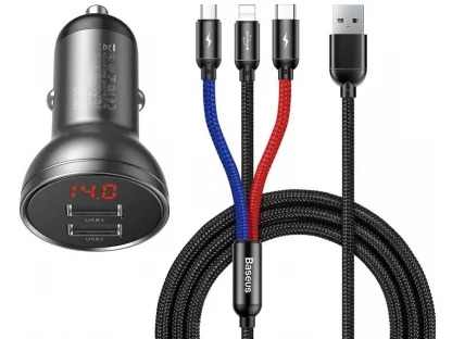 BASEUS nabíječka do auta 2xUSB 4,8A 24W Digitální displej + kabel 3v1 (Micro / Lightning 8-pin / Typ C) 1,2 metru - černá