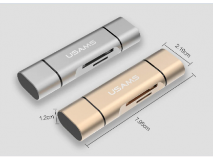 ČTEČKA PAMĚŤOVÝCH KARET SD, MICROSD S KONEKTORY USB, MICROUSB A USB TYPE-C - stříbrná