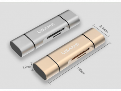 ČTEČKA PAMĚŤOVÝCH KARET SD, MICROSD S KONEKTORY USB, MICROUSB A USB TYPE-C - zlatá