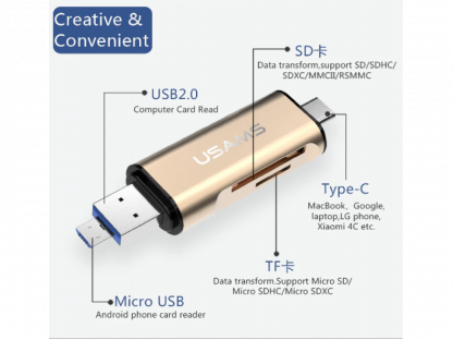 ČTEČKA PAMĚŤOVÝCH KARET SD, MICROSD S KONEKTORY USB, MICROUSB A USB TYPE-C - zlatá