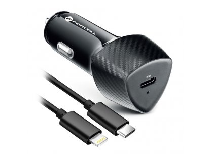 FORCELL CARBON car charger Type C 3.0 PD20W CC50-1C black (Total 20W) + cable for Apple Lightning 8-pin PD20W