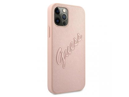 Guess Pevné pouzdro Saffiano Vintage Script pro iPhone 12 Pro Max 6,7" - růžové 