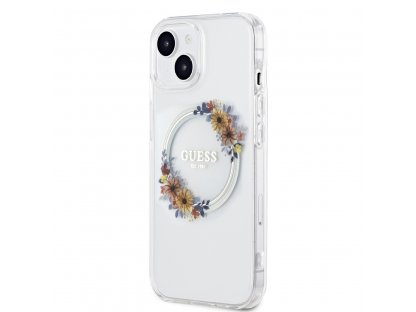 Kryt Guess PC/TPU Flowers Ring Glossy Logo MagSafe pro iPhone 15 Plus - transparentní