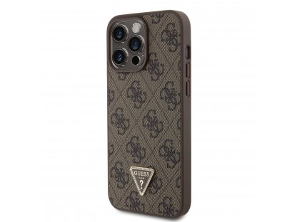 Guess PU 4G Strass Triangle Metal Logo Zadní Kryt pro iPhone 15 Pro Max Brown