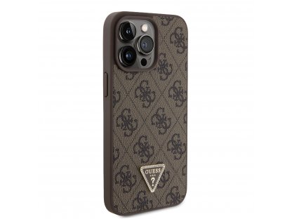 Guess PU 4G Strass Triangle Metal Logo Zadní Kryt pro iPhone 15 Pro Max Brown