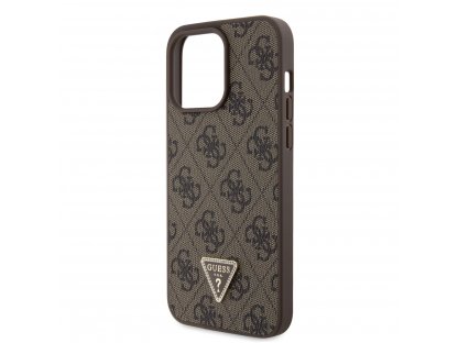 Guess PU 4G Strass Triangle Metal Logo Zadní Kryt pro iPhone 15 Pro Max Brown