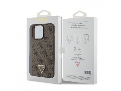 Guess PU 4G Strass Triangle Metal Logo Zadní Kryt pro iPhone 15 Pro Max Brown