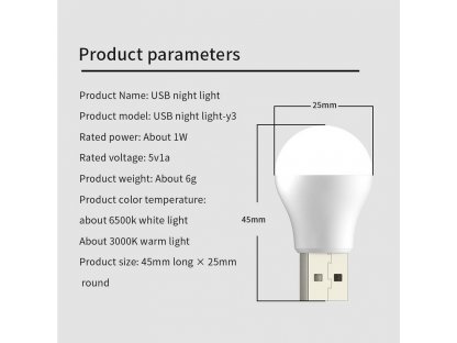 LED žárovka do USB bílé světlo 1W 6500K