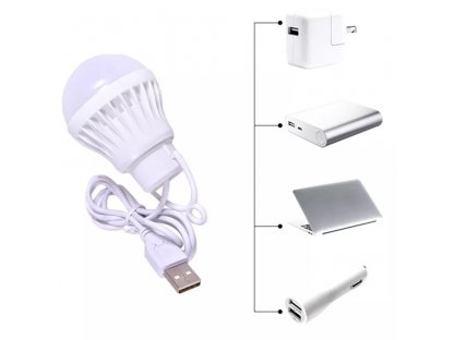 LED žárovka do USB bílé světlo 3W kabel dlouhý 1m 200lm