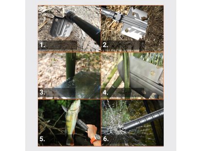 Multifunkční skládací lopata 10v1 nůž na přežití šroubovák rozbíječ skla