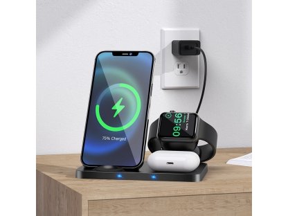 Nabíječka 3v1 s LED indikátorem pro nabíjení telefonu + Airpods + Apple Watch Ultra Charge 15W CW33 černá