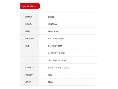 Podsedlová brašna na kolo se zipem 0,8 l SAHOO 131470S-SA
