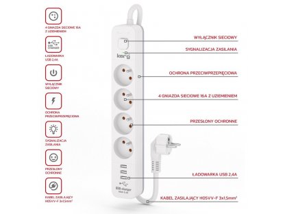 Prodlužovací kabel se 4 zásuvkami + 3x USB A ; 5 metrů ; 3×1,5mm² H05VV-F 16A/250V~M02415