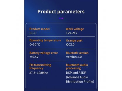 Vysílač FM MP3 bluetooth 5.0 + čtečka karet TF + 2xUSB QC3.0 BC57