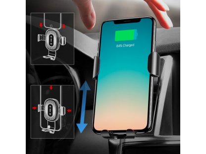 Wireless Charger Gravity držák do auta na ventilační mřížku + bezdrátová nabíječka Qi stříbrný