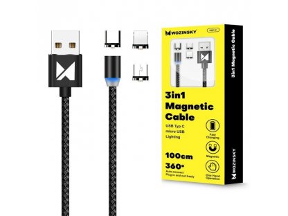 Magnetický kabel Wozinsky USB / micro USB / USB typ C 1m s LED - černý