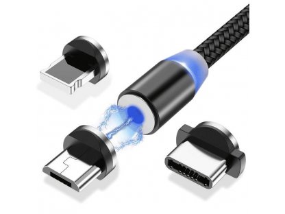 Magnetický kabel Wozinsky USB / micro USB / USB typ C 1m s LED - černý