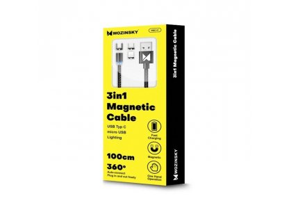 Magnetický kabel Wozinsky USB / micro USB / USB typ C 1m s LED - černý