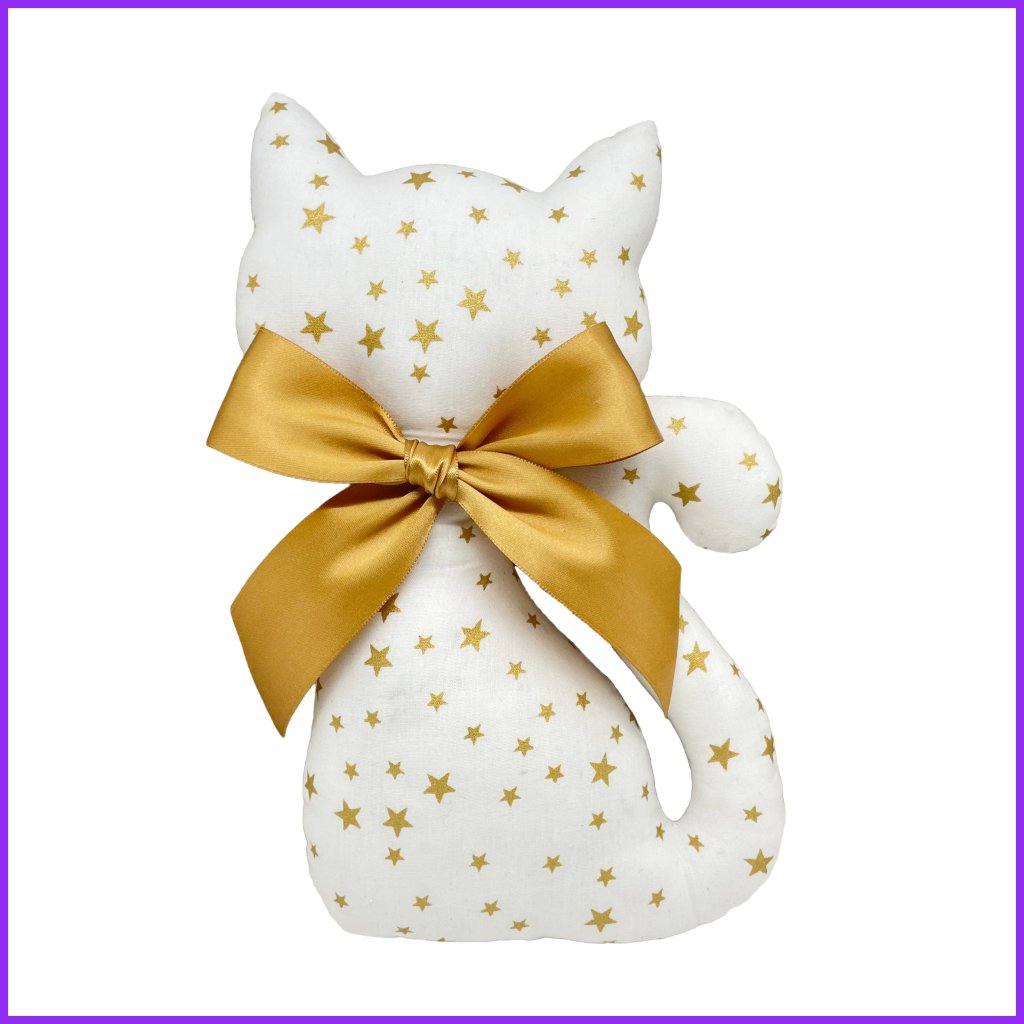 Cat with levender big2 - gold stars on cream