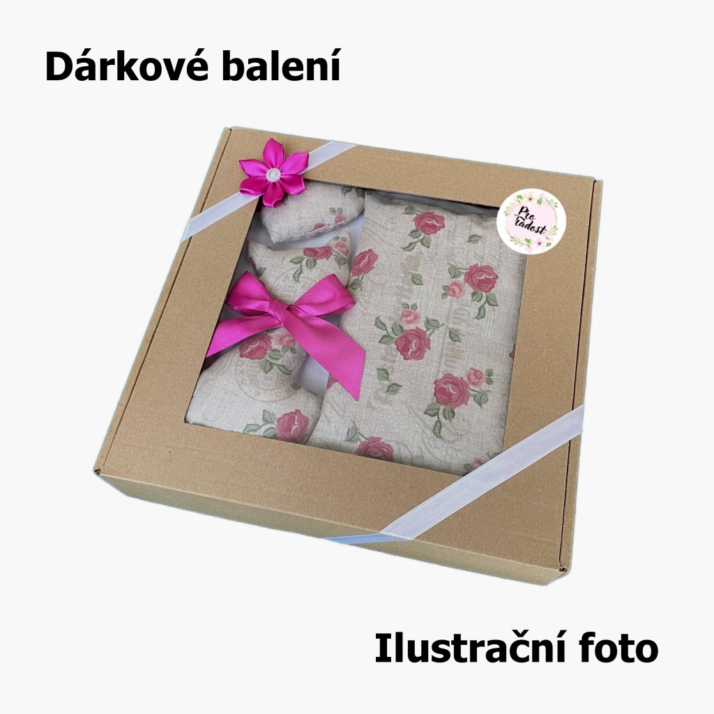 Sada kočky a nahřívacího polštářku s levandulí - růžičky s razítky na režné