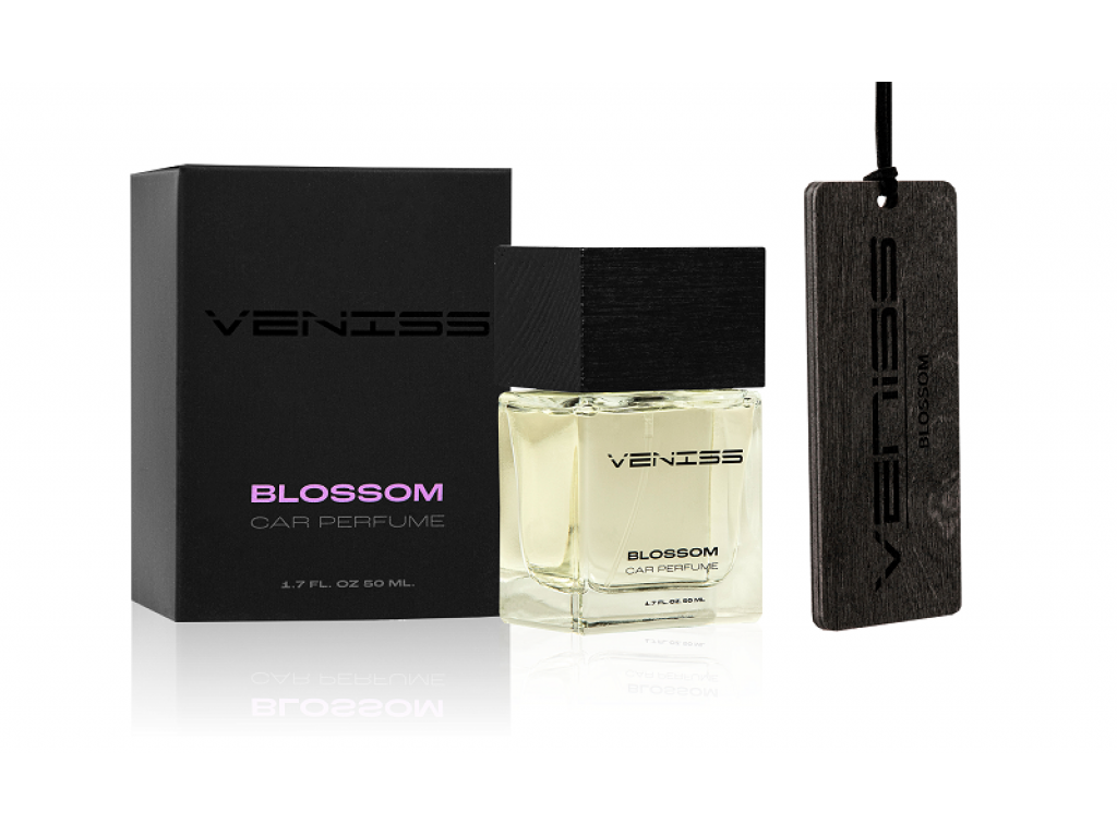 Vůně do auta Veniss Blossom - sada, parfém 50 ml a dřevěný přívěšek