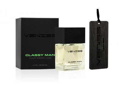 Vůně do auta Veniss Classy Man - sada, parfém 50 ml a dřevěný přívěšek