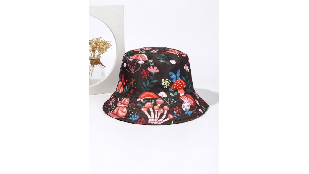 Women's hat with snail and mushroom print