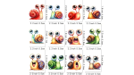 Set of 12 vinyl stickers with a snail design.