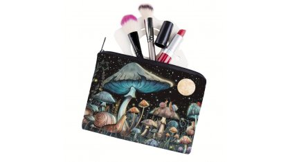 Cosmetic bag with snails on mushrooms at night 