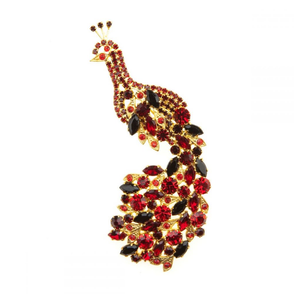 Brooch Peacock Red Gold