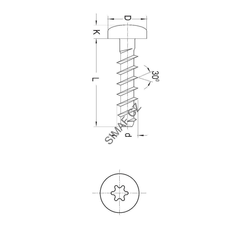Šroub do plastu PT 30° TORX 4x20