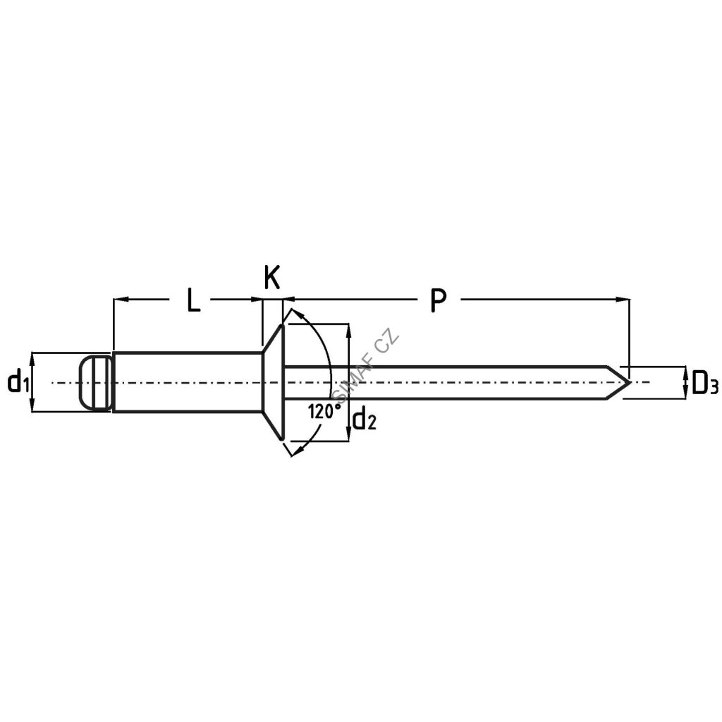 Trhací nýt Al/Ocel 3.2x10 mm, zápustná hlava