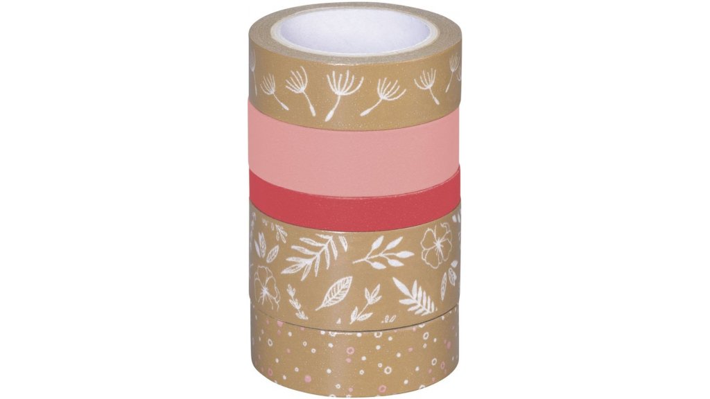 Ozdobné lepicí pásky - 5 papírových washi pásek s motivem lístků, růžové