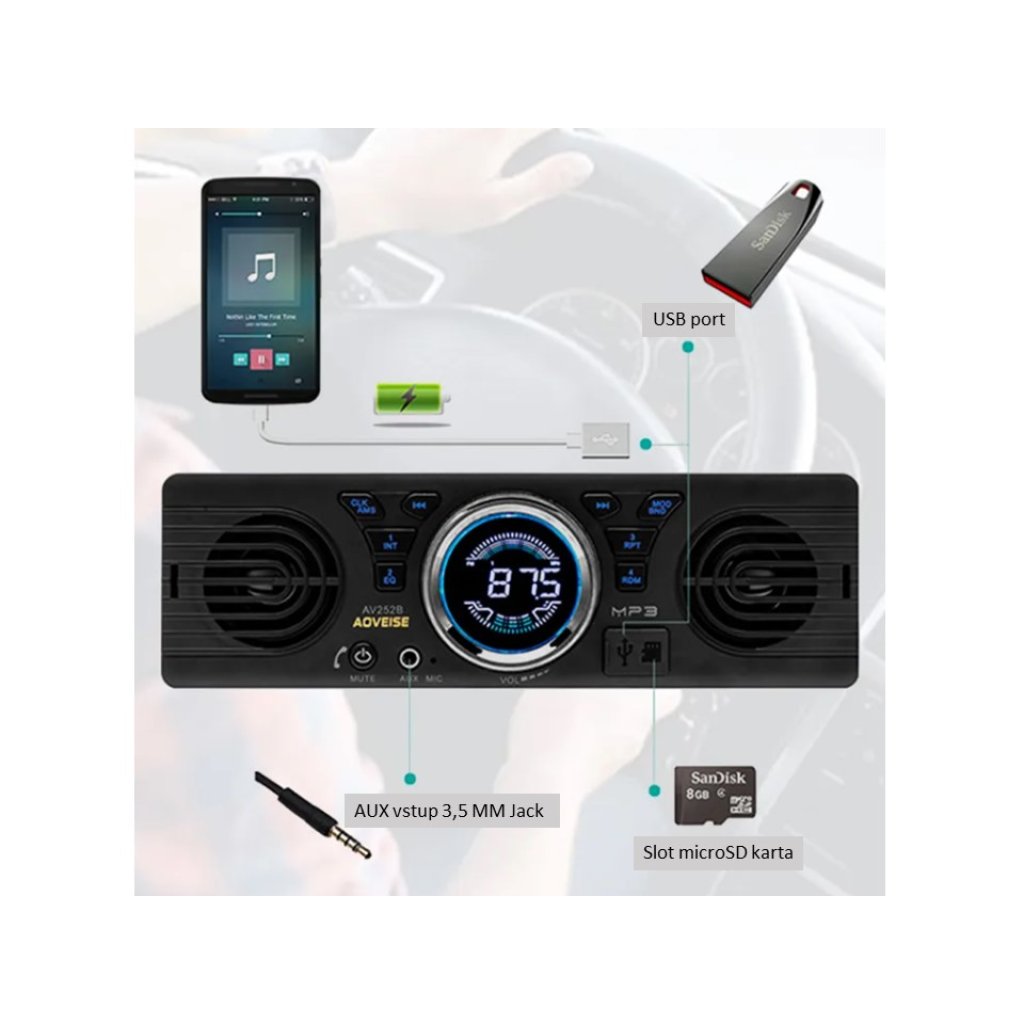 1DIN autorádio BLUETOOTH/USB/SD/AUX, s vestavěnými reproduktory