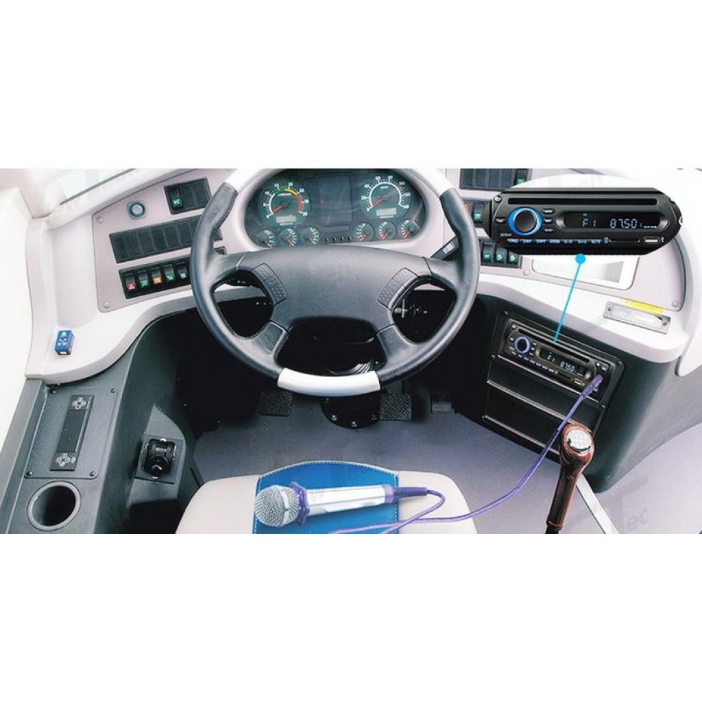 1DIN rádio pro autobusy s DVD/CD, 2x USB, SD, Bluetooth + HF, Mikrofon pro průvodce + prop HF
