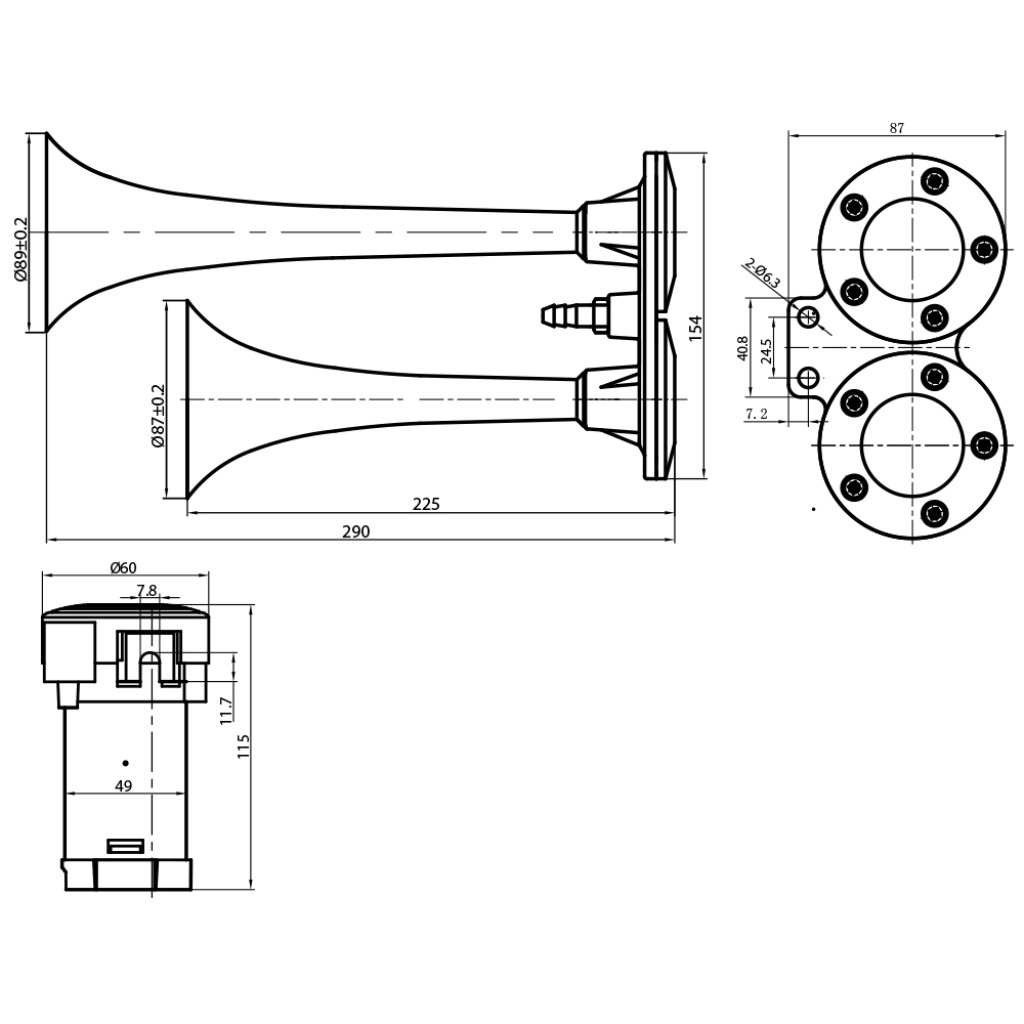 2-tónová fanfára 225/290 mm, 12V stálý tón s kompresorem